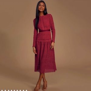 NWT Lulu’s Red Crochet Lace Long Sleeve Midi Dress